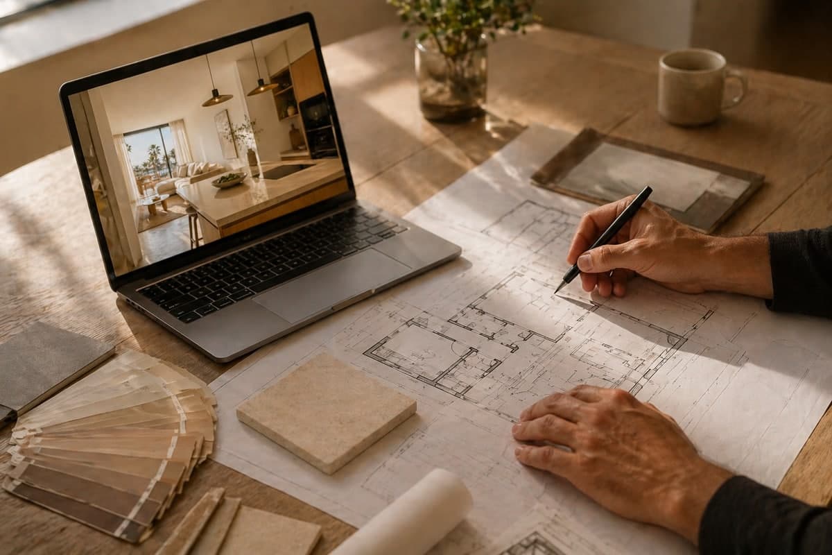 Reforma en ejecución con herramientas organizadas y azulejos parcialmente colocados