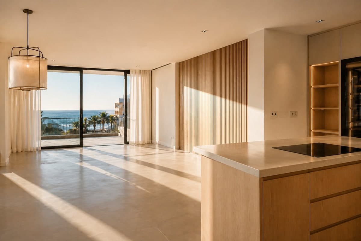 Salón terminado listo para entregar: suelo de microcemento y luz natural