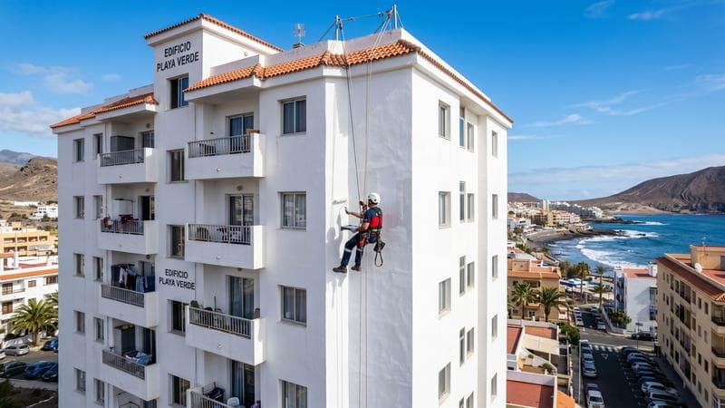 Técnico de trabajos verticales reparando fachada de edificio alto en Tenerife con acceso por cuerda sin andamio