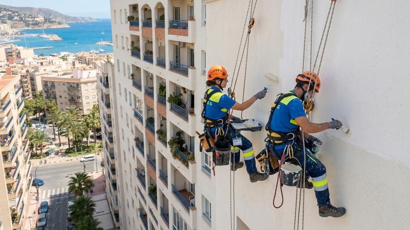 Trabajador impermeabilizando cubierta plana de edificio alto en Tenerife sin andamio, con vista de la ciudad abajo