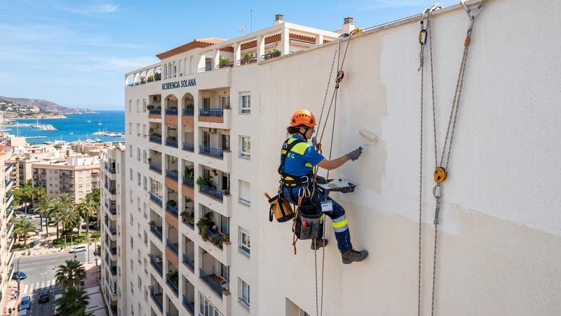 Dos técnicos pintando fachada exterior de edificio residencial en España con cuerdas y arneses, sin andamio