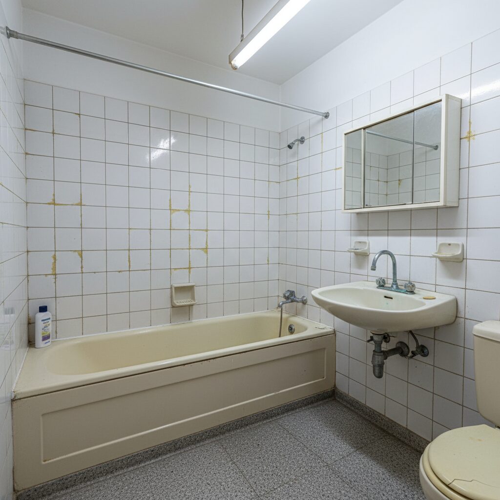 Baño con bañera antigua y suelo gris en piso de La Laguna antes de la reforma