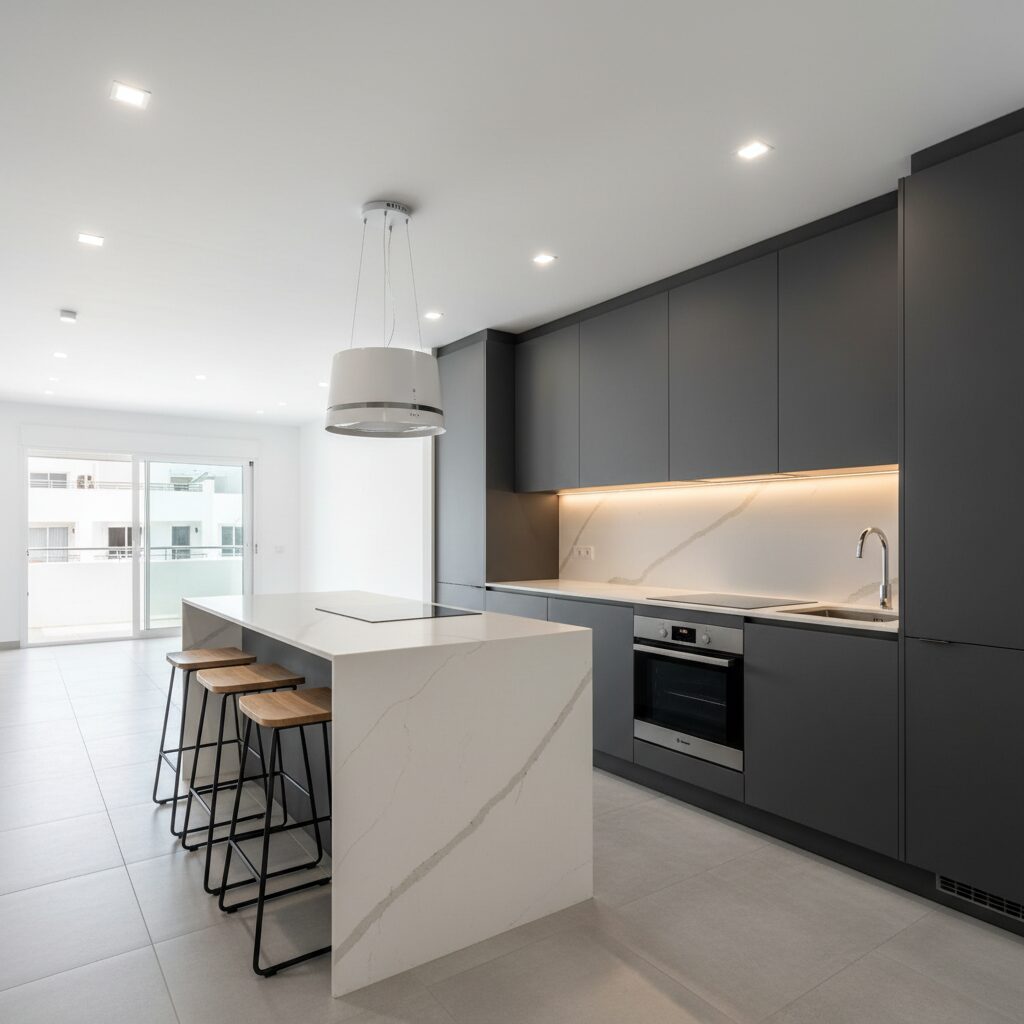 Cocina abierta con isla central en piso de Los Cristianos después de la reforma