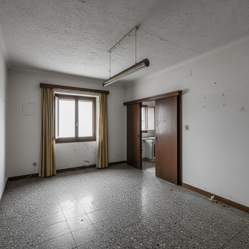 Salón comedor con suelo gres de los años 70 en piso del Salamanca antes de la reforma